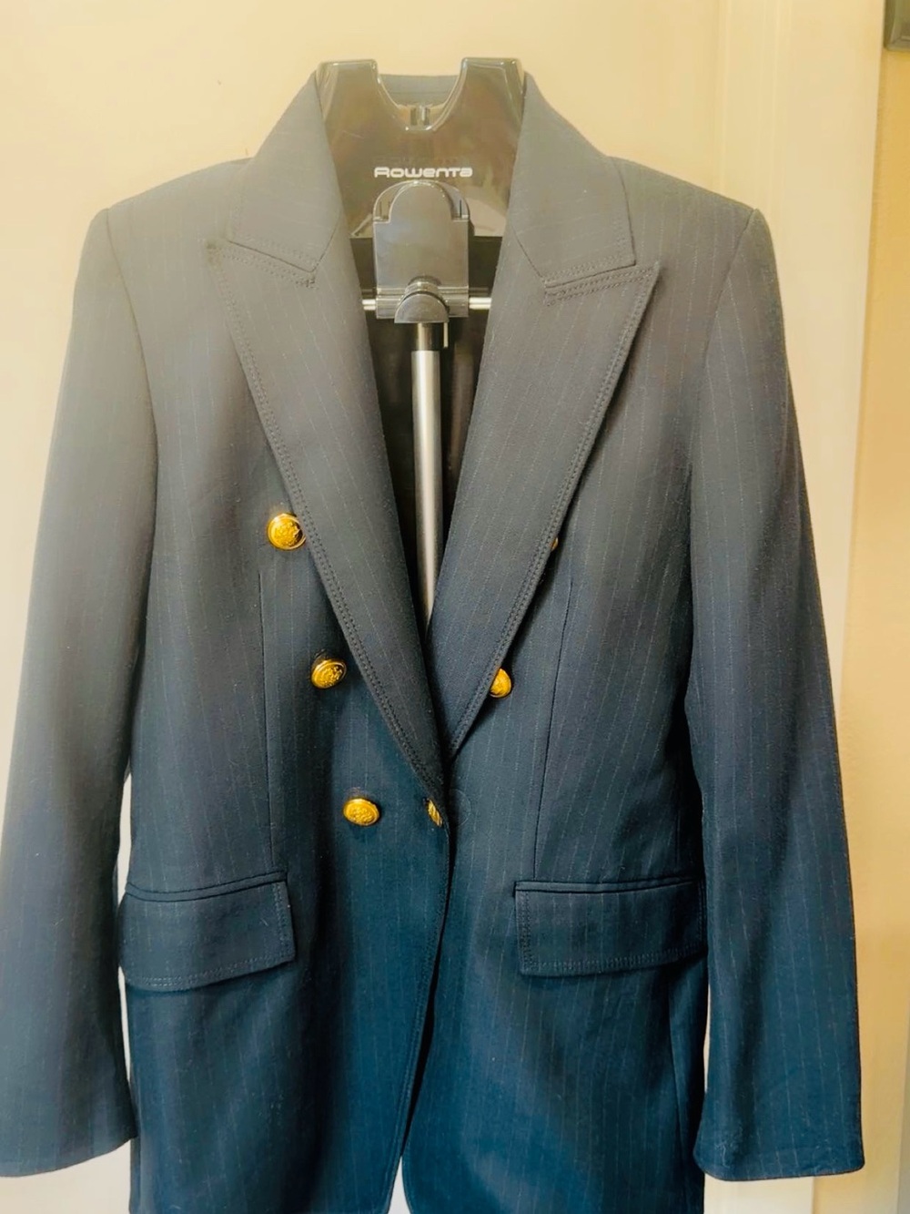Zara Double-Breasted Navy Pinstripe Blazer with Gold Buttons